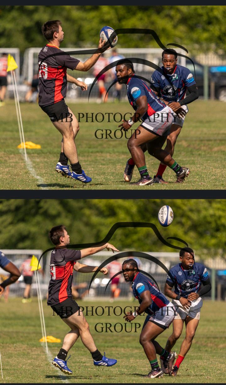 Rugby player's momentum takes him out of bounds, so he throws the ball back into the field of play to continue play